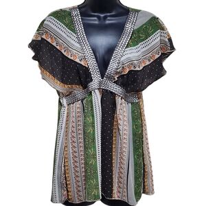 Vintage Charlotte Russe Flutter Sleeve Geometric Flowy V Neck Blouse Size M